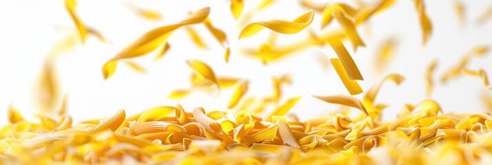 Poster - Raw Italian pasta gracefully falling onto a white background. Generative AI