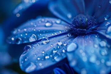 Wall Mural - Macro image of blue flower petals covered with fresh water drops showing delicate beauty of nature