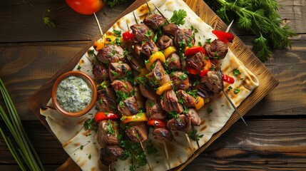 Canvas Print - Delicious grilled meat skewers with vegetables. Rustic presentation on wooden table. Ideal for culinary blogs and food stock images. Perfect for highlighting BBQ or summer recipes. AI