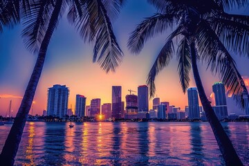 Wall Mural - Trees Skyline. Miami, Florida Bay Skyline Sunset View Through Palm Trees