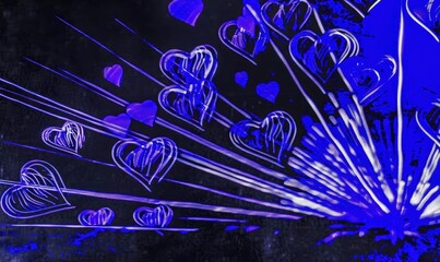 Poster - Bright Blue Abstract Hearts with Dark Background Illustration