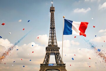 Wall Mural - July 14 is the National Day of France. The national flag of France on the background of the Eiffel Tower. Tricolor. The concept of the Olympic Games in France 2024