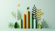 © OMD - Abstract art composition featuring colorful cylindrical shapes and assorted paper cut-out leaves and plants against a pastel green background.
