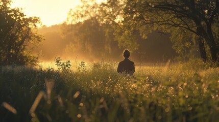 Poster - A lone person stands in a field of tall grass at sunset, their silhouette outlined against the golden light. The sun casts a warm glow on the surroundings, creating a sense of tranquility.