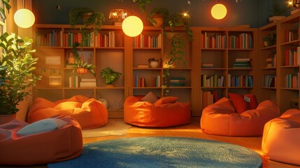 Poster - A relaxing library space with warm lighting and comfortable beanbags in front of bookshelves filled with books.