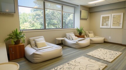 Leinwandbilder - A modern lounge area with comfortable bean bag chairs and a large window providing natural light. Two bean bag chairs are positioned facing each other, creating a relaxing and inviting space.