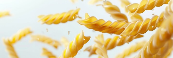 Poster - A close up of raw Italian pasta falling against a white background. The pasta is in focus, and the background is blurred. Generative AI