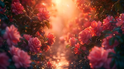 Canvas Print - Pink Rose Bush Blossoms in Golden Sunlight at Dawn