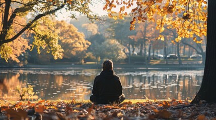 Aufkleber - A person sits on the ground by a lake, looking out at the water. The leaves on the trees are turning yellow and red.