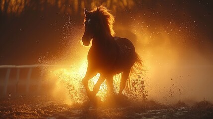 Exciting horse race in sunset glow with dust particles sparkling in golden sunlight