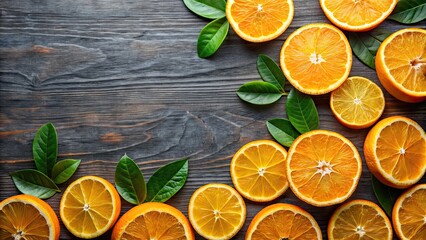 Wall Mural - Delicious slices of orange viewed from above on a table, fruity, citrus, fresh, vibrant, healthy, juicy, summertime