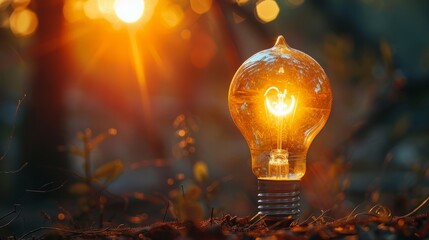 Illuminated Light Bulb in a Forest at Sunset