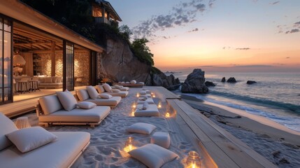 Poster - A patio with white loungers and lanterns overlooking a sandy beach and ocean at sunset.