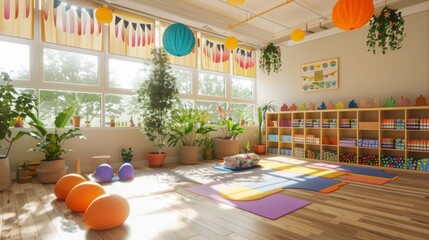 Poster - A brightly lit yoga studio with large windows, colorful mats, and various plants, perfect for a relaxing practice.