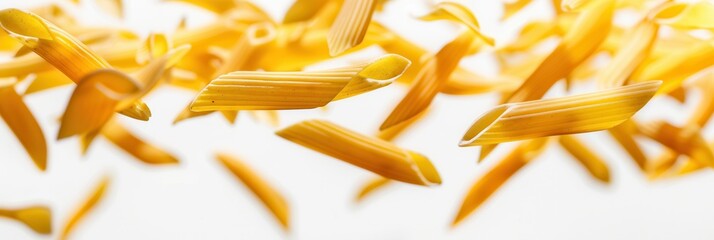 Poster - Raw Italian pasta gracefully falls against a white background. Generative AI