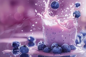 Sticker - Fresh blueberries falling into glass of blueberry milkshake creating splash on purple background