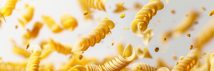 Poster - Raw Italian pasta gracefully falls in mid-air against a white background. Generative AI