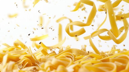 Poster - Raw Italian pasta falls gracefully onto a white surface, creating a beautiful and elegant visual. Generative AI