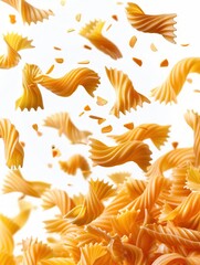 Poster - Raw Italian pasta falls gracefully through the air, creating a beautiful cascade of golden shapes against a white backdrop. Generative AI