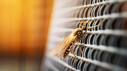 Close-up of a mosquito on a metal grid surface with a blurred background, highlighting its intricate anatomy.
