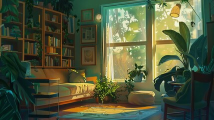 Poster - Sunlight streams through a large window, illuminating a living room with a comfortable sofa, potted plants, and a bookcase filled with books.