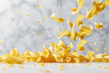 Poster - A close-up of raw Italian pasta falling gracefully onto a white isolated background. Generative AI