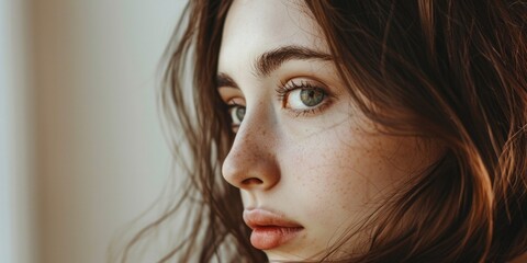 Close-up portrait of a woman with distinctive freckles on her face