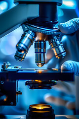 Wall Mural - Scientist Examining Samples Under Microscope: Close-Up of Lens and Hands in Laboratory Setting