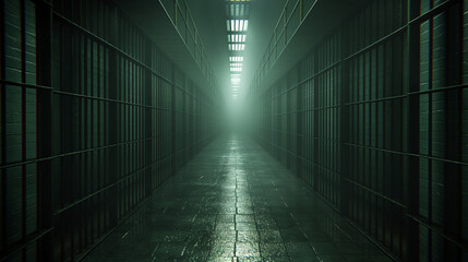 A corridor of cells, typically found in prisons or detention centers. The corridor is long and narrow, with metal bars on either side, forming a cage-like structure