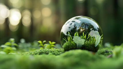 Wall Mural - A clear glass globe with continents is placed on green moss with small plants. The blurred background suggests a natural environment.