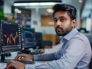 A person sitting at desk with two computer monitors, possibly coding or working on projects