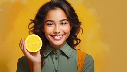 Wall Mural - Young brunette model with yellow dress handling a lemon on yellow background