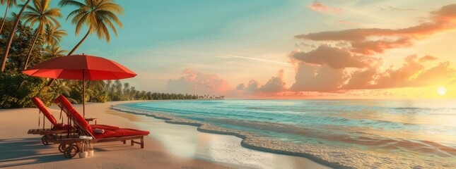 Wall Mural - A beautiful tropical beach at sunset with two red sun loungers and an umbrella, palm trees in the background