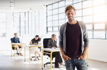 Poster - Portrait, pride and businessman in office for career, development and leader for project. Smile, designer and confidence or happy in creative agency or start up company with management for group