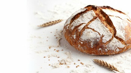Aufkleber - A freshly baked loaf of wheat bread sits on a white surface, surrounded by flour and wheat stalks. Generative AI