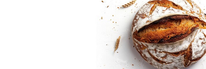 Aufkleber - A close-up of a freshly baked loaf of wheat bread with a crispy crust and a soft interior, displayed on a white background with wheat stalks scattered around it. Generative AI