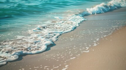 Poster - A foamy wave washes onto a sandy beach, creating a beautiful and tranquil scene.