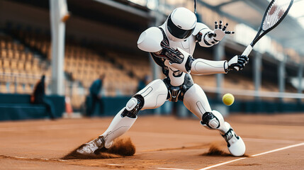 Sticker - Humanoid robot playing tennis on a clay court, hitting a tennis ball with a racket, with blurred spectators in the background.