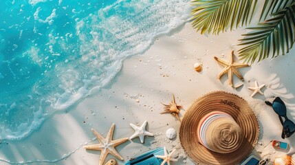 Wall Mural - Tropical beach panorama with a palm tree and various travel items scattered on the sand, perfect for summer vacation vibes.