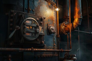 Poster - Old, rusty industrial boiler is generating heat, with an analog control panel and pipes