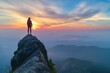 © Mark G - Photo of a woman hiking with a backpack and standing on top of mountain and looking at beautiful view, concept of success in hiking or trekking, copy space for text.