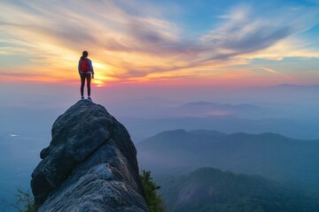 photo of a woman hiking with a backpack and standing on top of mountain and looking at beautiful vie