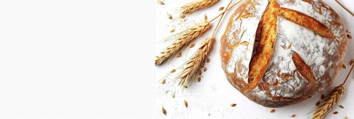Aufkleber - A freshly baked wheat bread loaf with wheat stalks on a white background. Generative AI