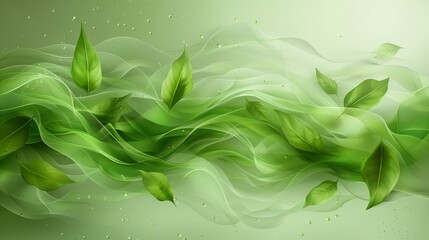 Wall Mural - Green Leaves Floating in Sheer Fabric With Water Droplets