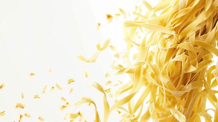 Poster - A close-up of raw Italian pasta gracefully falling on a white background. Generative AI