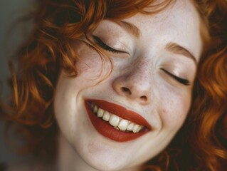 A close-up portrait of a woman with bright red hair smiling warmly