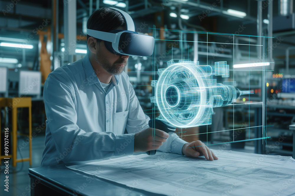 An engineer wearing a VR headset interacts with a holographic model in ...