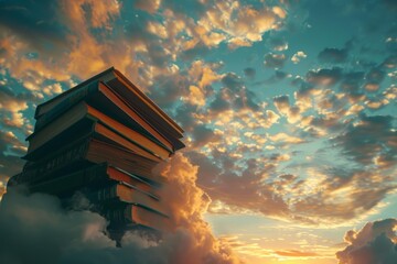 Poster - Stack of books is balancing precariously on clouds with a beautiful sunset in the background
