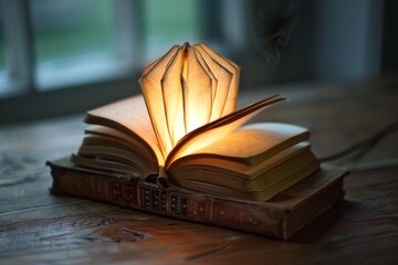 Poster - Old book with glowing folded pages illuminating the text inside