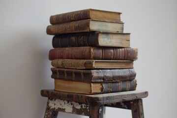 Poster - Stack of old, weathered books sits atop a rustic wooden stool, evoking a sense of history and knowledge